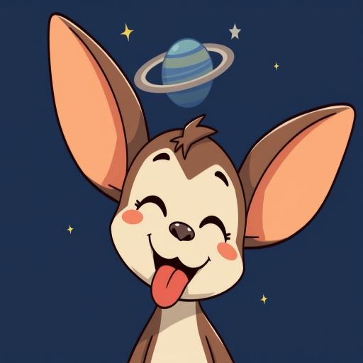 Create a cartoon character with big ears and a playful expression sticking out its tongue against a dark blue background with a small planet and rings floating above it, including some twinkling stars.