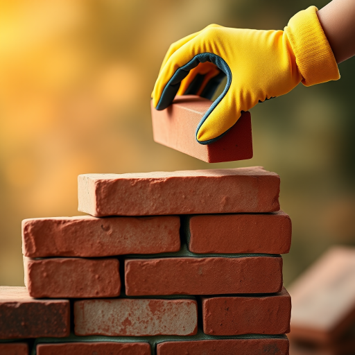 Generate an image of a hand wearing a yellow glove placing a brick on top of a partially constructed brick wall. The background should feature a warm, softly lit environment, highlighting the texture of the bricks and the hand's action.