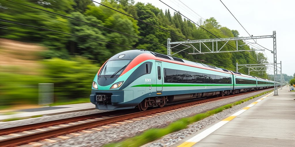 Regenerate an image of a high-speed train on a straight track with a green background and overhead pole using a DSLR camera at f/8 aperture, 1/250s shutter speed, ISO 100, 35mm focal length, wide-angle view, and vibrant colors.