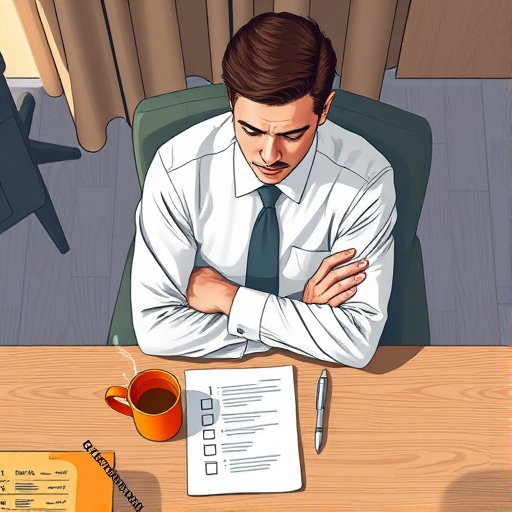 Create a detailed illustration of a man in a white shirt and tie sitting at a table with crossed arms, studying a document with checkboxes, a pen beside him, and a steaming orange coffee cup, captured with a soft focus effect, f/2.8 aperture, 50mm lens, natural lighting, and an overhead view to enhance the image quality.