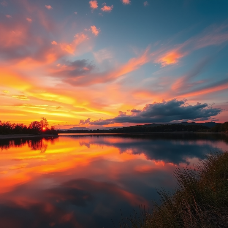 Create a detailed image of a serene sunset over a calm lake with reflections, using a DSLR camera, 50mm lens, aperture f/1.8, shutter speed 1/250s, ISO 100, wide shot perspective, vibrant colors and high contrast to enhance image quality.