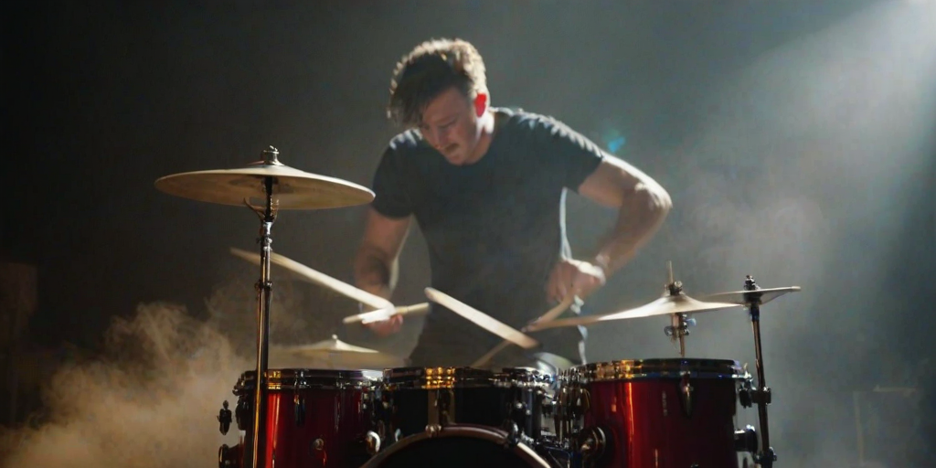 Blurry, high-energy shot of a drummer mid-performance, drumsticks caught in motion, with dramatic stage lights casting long shadows and smoke billowing from the stage in the background.