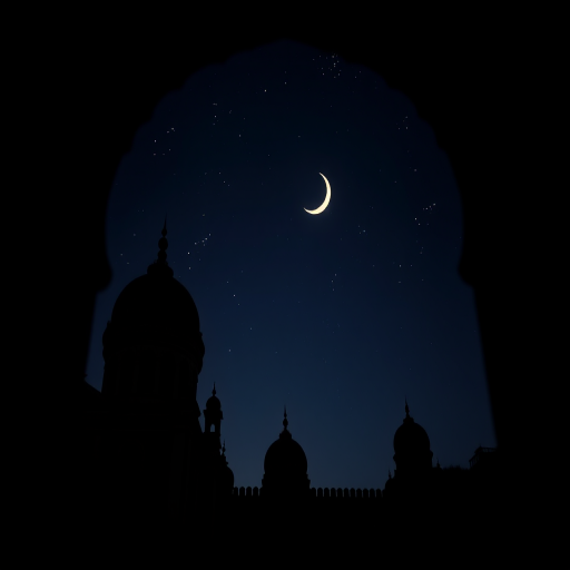 Create a serene night scene featuring a silhouette of majestic domed buildings under a starry sky with a crescent moon, viewed through an ornate archway, captured with a DSLR camera at f/2.8, ISO 400, 24mm lens, in a wide-angle style for enhanced depth and clarity.