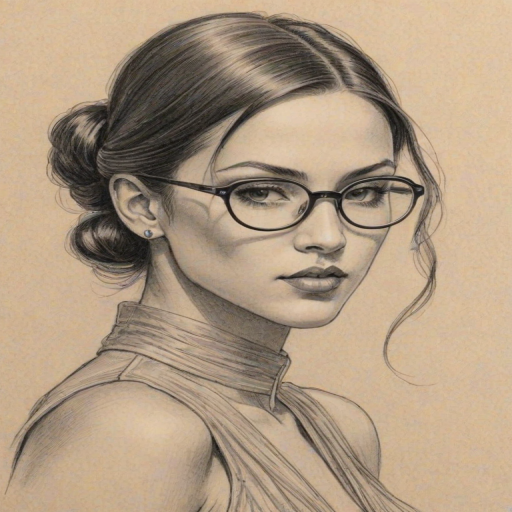 Elegant Kitana Kiki Rodriguez, pencil sketch, portrait of Appealing woman 1928s in glasses, hair style beatnik, outline, clear lines, fine lines, 8k
