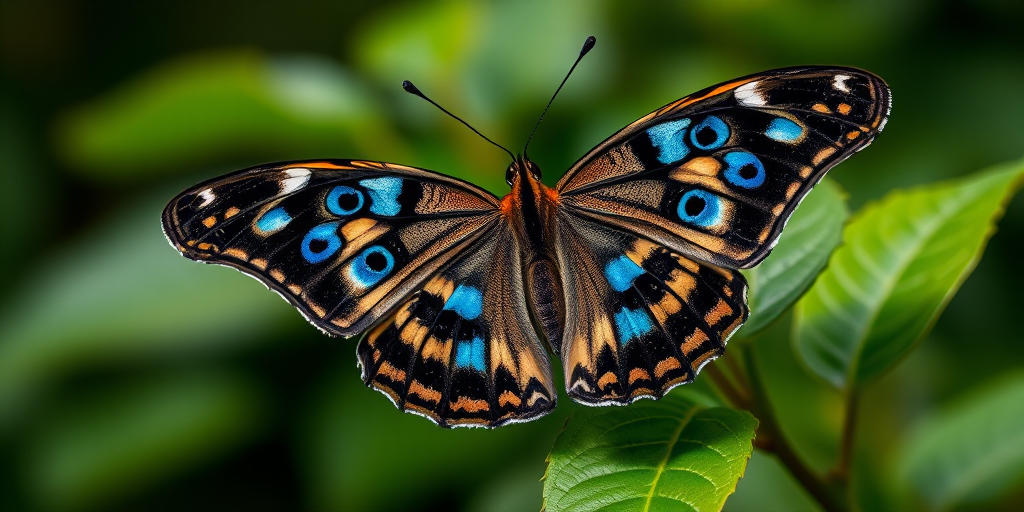 Generate an image of a butterfly with intricate patterns, featuring a black background and bright blue spots. The butterfly is perched on a green leaf with a blurred natural backdrop, emphasizing the vibrant colors and details of its wings.