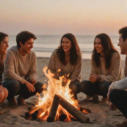 Blurry candid shot of a group of friends gathered around a bonfire on the beach, laughter and conversation filling the air, with soft golden light from the flames illuminating their faces.