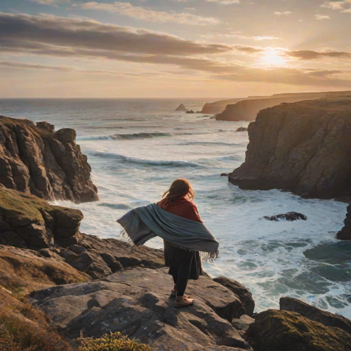 Sunrise over a rugged coastline, waves crashing against jagged rocks, a woman stands on the cliff's edge, her flowing scarf fluttering in the wind as she looks out to sea.