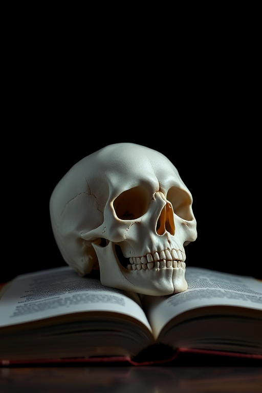 A realistic low-poly skull resting on an open book, sharply lit against a dark background, captured with a Canon EOS R5, 50mm f/1.8 lens, aperture f/2.8, ISO 100, 1/160 sec shutter speed, soft focus for depth, and a slight vignette effect for drama.