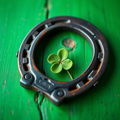 A close-up shot of an old horseshoe resting on a vibrant green wooden surface, with a small four-leaf clover placed inside the horseshoe, taken with a DSLR camera at f/2.8 aperture, ISO 100, 50mm lens, natural light, sharp focus on the horseshoe, soft bokeh effect in the background.
