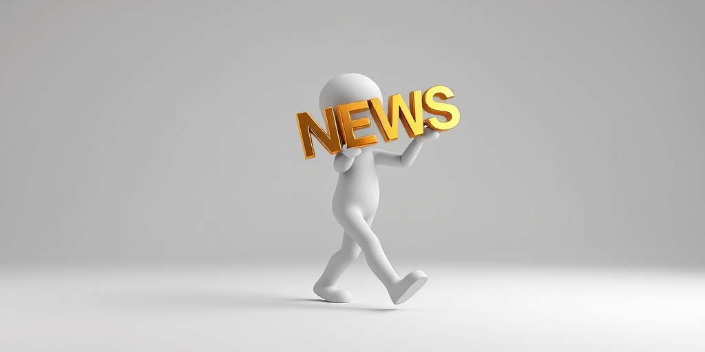 Create a 3D rendering of a simplistic humanoid figure walking while holding large golden letters spelling "NEWS", captured with a 50mm lens, aperture f/2.8, ISO 100, using a Canon DSLR in a bright studio setting with soft diffused lighting.