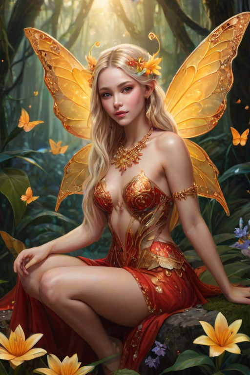 A digital artwork features a winged fairy with delicate Banana butterfly wings, adorned with intricate Amber andRed patterns. She is seated on a vibrant Forest flower, wearing a revealing red two-piece outfit with sparkling beadwork. Her fair skin, long blonde hair, and gold jewelry add to her ethereal appearance. The background is a warm, golden gradient, creating a magical atmosphere. Small glowing orbs and sparkles surround the flower, enhancing the enchanting, highly detailed, and realistic scene.