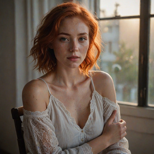 young woman, short messy red hair, light freckles, beautiful face, wearing a loose white cotton lace shirt ,  portrait photo,  posing for a picture in a chair with her hands in her lap, Ayshia Ta k n, parted lips, round cleavage, collarbone, bare shoulders, natural light, a portrait, art nouveau, sunset light through a window, darkly lit, shadows across face