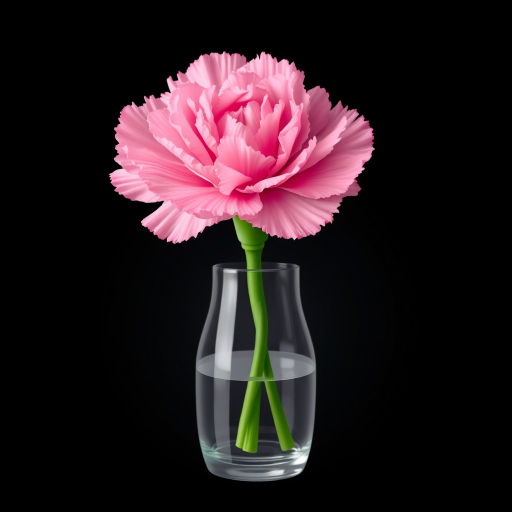 Create an illustration of a pink carnation in a clear glass vase on a black background with high detail, soft focus, aperture f/2.8, ISO 100, 50mm lens, macro photography style.