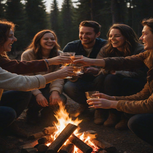 Blurry candid shot of a group of friends laughing and toasting drinks around a campfire, soft golden light from the flames casting long shadows, with stars twinkling in the night sky above.