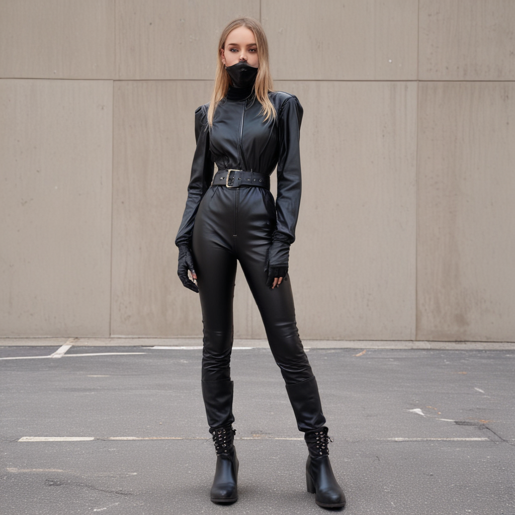 full-body view of a very skinny and slender girl standing on a parking lot, bondage face mask. fully encased in a black very oversized baggy leather jumpsuit with puffed sleeves and wide legs which are stuffed into riding boots, leather gloves, large military belt