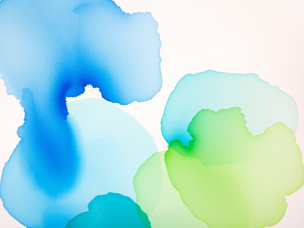 Create an abstract watercolor painting featuring shades of blue and green blending together, using a Canon EOS R5 with a 50mm lens, aperture f/1.8, shutter speed 1/125, ISO 200, soft focus effect, and vibrant color saturation.