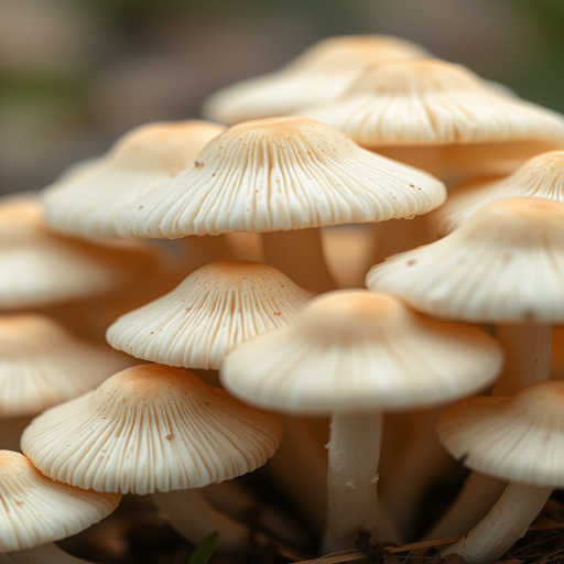 Regenerate a detailed illustration of a cluster of creamy white mushrooms, focusing on texture and depth, with a soft focus background, using a DSLR camera, aperture f/8, ISO 100, 50mm lens, and natural light to enhance details and quality.
