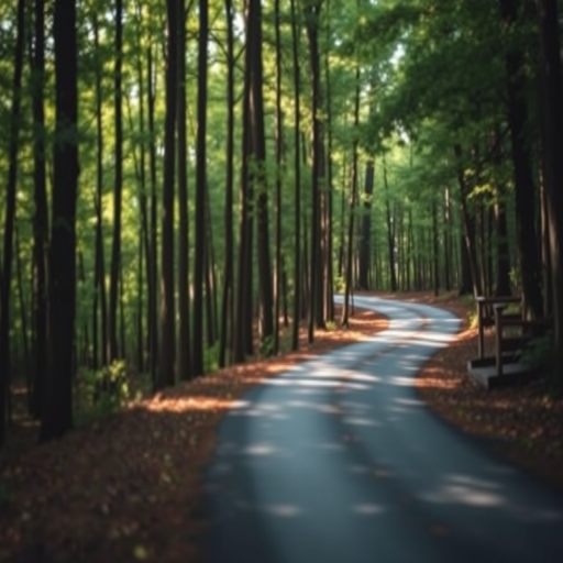 generate a serene forest road scene with a winding path through tall trees, soft morning light filtering through the foliage, focus on depth of field for sharp foreground and blurred background, use a DSLR camera with a 50mm lens at f/2.8, ISO 200, shutter speed 1/200s, in natural daylight for enhanced clarity