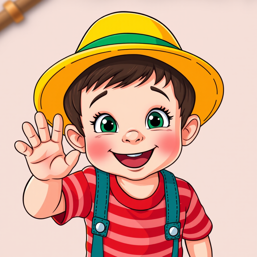 create a cartoon-style image of a cheerful child wearing a yellow and green hat, red striped shirt, smiling and waving, use a vibrant color palette, high resolution, camera settings: f/4, ISO 100, 1/200s, view from eye level, shot with a DSLR camera, natural light for enhanced clarity and detail