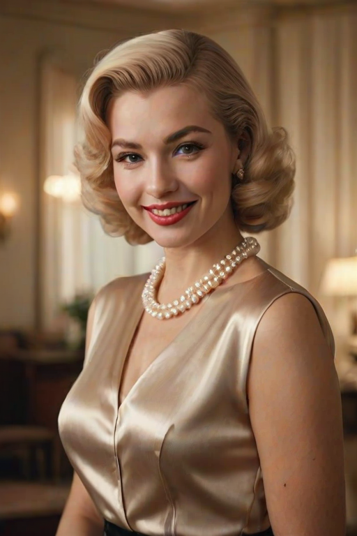 A beautiful Caucasian woman reminiscent of 1950s Hollywood glamour, with perfectly styled blonde hair and a seductive smile, dressed in a satin blouse and adorned with pearls, soft and warm tones, photorealistic, 8K
