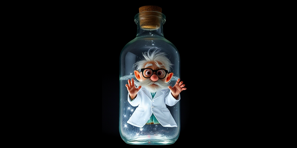 Create a high-resolution image of a whimsical character, resembling an old scientist, trapped inside a transparent bottle against a starry black background, using a full-frame DSLR camera with a 50mm lens, f/1.8 aperture, ISO 100, and a long exposure of 2 seconds to capture details and enhance the contrast.