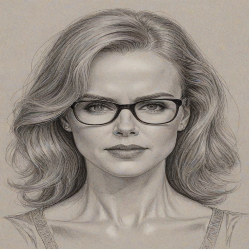 Comely Nicole Kidman, pencil sketch, portrait of Gorgeous woman 1945s in glasses, hair style beatnik, outline, clear lines, fine lines, 8k