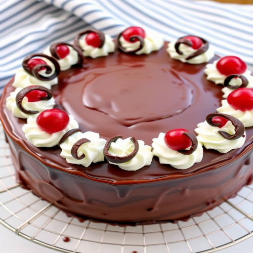 A beautifully decorated chocolate cake with a rich chocolate and cherry topping surrounded by whipped cream and chocolate curls on a wire rack with a striped cloth in the background.