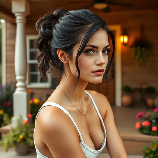 A photo of Mila Kunis with a background of a cozy porch. She has dark hair pulled back in an updo, with tendrils framing her face. She wears a white tank top and sits on the porch. The porch is part of a well-lit home with a warm, earthy tone and colorful flowers and foliage. The overall scene has a warm, welcoming, and comfortable ambiance.