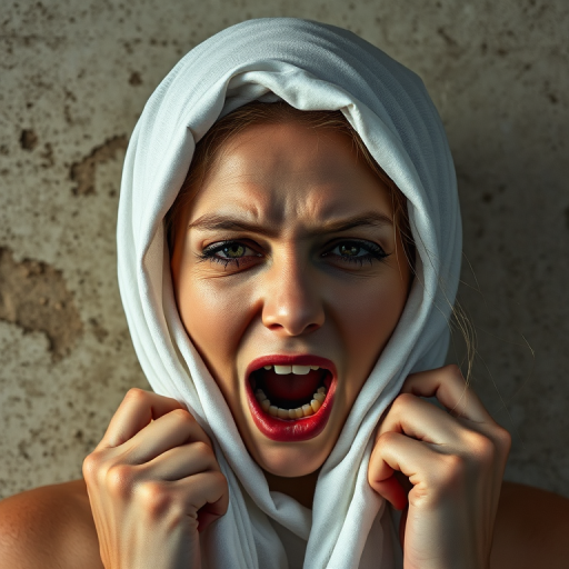 Create a close-up photographic image of a Caucasian woman with light skin tones shown against an old, worn wall. Their head is wrapped in a white cloth covering (i.e.... parts of the head except the nose and mouth, which are open as if they are screaming...), with a slight texture and visible folds in the fabric. Thin strands of blonde hair escape from the wrapping above, falling lightly at the top and sides. Their hands hold the fabric as if they are tugging nervously. The lighting is dramatic and even, casting strong shadows. The image has a minimalist and surreal style with an emphasis on simplicity with soft color tones. The composition is centered.