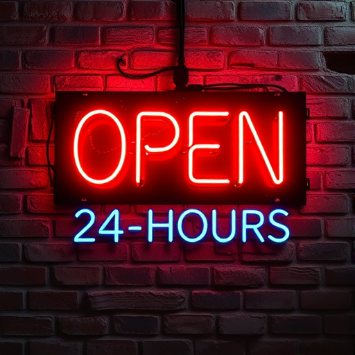 Create a high-resolution image of a neon sign that reads "Open 24 Hours" against a textured brick wall, captured with a DSLR camera at f/1.8, ISO 100, shutter speed 1/60s, in a mid-range perspective to emphasize the glow of the sign and the texture of the wall, using a shallow depth of field for a professional, vibrant look.