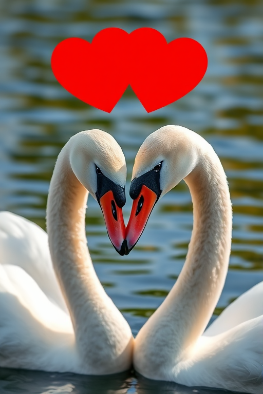 Capture a close-up of two swans in a serene lake, focusing on their necks forming a heart shape, with red heart graphics above them, use a DSLR camera with a 50mm f/1.8 lens, settings at ISO 200, aperture f/2.8, shutter speed 1/250s, in natural light for vibrant colors and soft backgrounds.