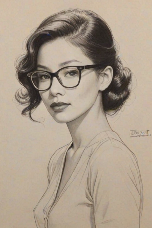 Sublime Vera Wang, pencil sketch, portrait of Ravishing woman 1952s in glasses, hair style beatnik, outline, clear lines, fine lines, 8k