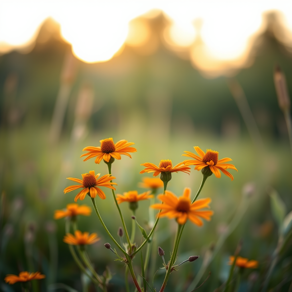capture a close-up shot of vibrant orange wildflowers in a soft-focus background during golden hour using a DSLR camera with a 50mm lens, aperture set at f/2.8, ISO 100, and shutter speed at 1/200s to enhance details and create a warm glow in the image