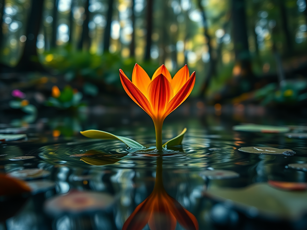 Create an image of a vibrant flower emerging from a serene body of water surrounded by softly glowing forest elements, captured with a Canon EOS R5, 85mm f/1.2 lens, aperture set to f/2.8, ISO 100, and a shutter speed of 1/200s, in a magical realism style with high saturation and intricate bokeh effects.