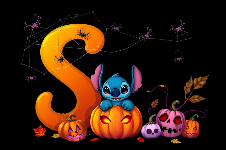 A whimsical and vibrant Halloween-themed digital illustration featuring the letter "S" adorned with spider webs, small bats, and cute spiders. At the base of the letter, a playful alien character similar to Stitch is peeking out from inside a carved pumpkin with glowing eyes, surrounded by additional pumpkins, a small skull, and autumn leaves. The letter is gradient-colored from orange to purple, adding a magical atmosphere to the scene, black background