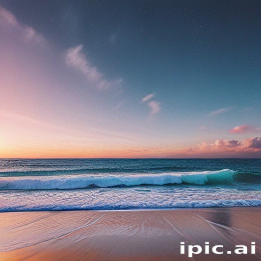 Serene Sunset Over Tranquil Ocean Waves and Sandy Beach Shoreline