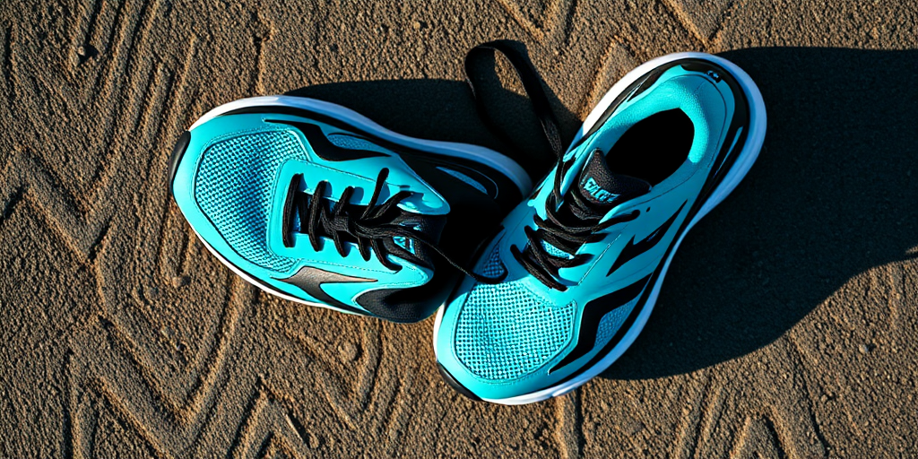 Regenerate an image of a pair of teal athletic shoes with black soles and laces, shot in natural light using a DSLR camera at f/2.8 aperture, ISO 100, 50mm lens, top-down view, with enhanced color saturation and sharpness.