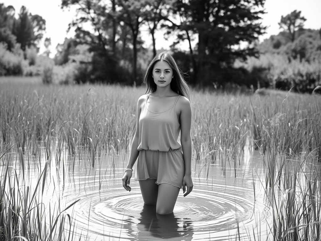 portrait of a woman standing in shallow water surrounded by tall grass and trees in a serene landscape, captured in black and white, using a Canon EOS R5 camera with a 50mm lens, f/1.8 aperture, ISO 100, shutter speed 1/200 sec, soft natural lighting, focus on the subject with shallow depth of field