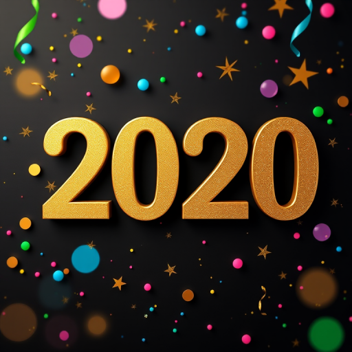 Create a festive New Year 2020 graphic with gold numbers, colorful circles (pink, blue, green), stars, and confetti on a dark background, high resolution, 50mm lens, f/2.8 aperture, ISO 100, with a soft-focus effect.