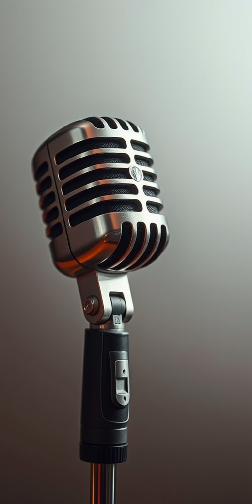 A vintage microphone on a smooth gradient background, captured with a Canon EOS R5 at f/2.8, ISO 100, 1/125s, using a 50mm lens in soft natural light to enhance details and texture.