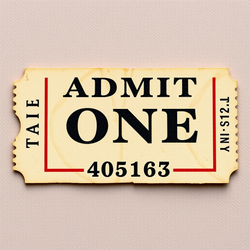 Generate a high-resolution image of a vintage ticket stub with the text "ADMIT ONE" prominently displayed, featuring a red border and a serial number "405163" in a classic font, captured with a DSLR camera at f/5.6 aperture, ISO 100, and a 50mm lens, from a top-down view with soft lighting for enhanced detail.