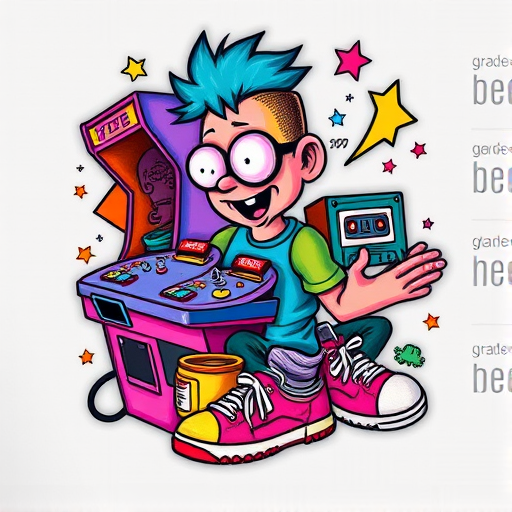 New school tattoo named "Neon Nostalgia" featuring exaggerated, cartoonish characters and bold, vibrant colors reminiscent of 1990s pop culture, with elements such as arcade games, cassette tapes, and retro sneakers combined in a playful and energetic composition, ideal for those who want to pay homage to their childhood memories and favorite cultural icons.
