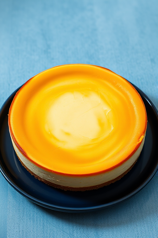Create an image of a round cheesecake with a smooth, slightly cracked top and a golden-brown edge placed on a dark blue plate. The background should be a light blue textured surface.