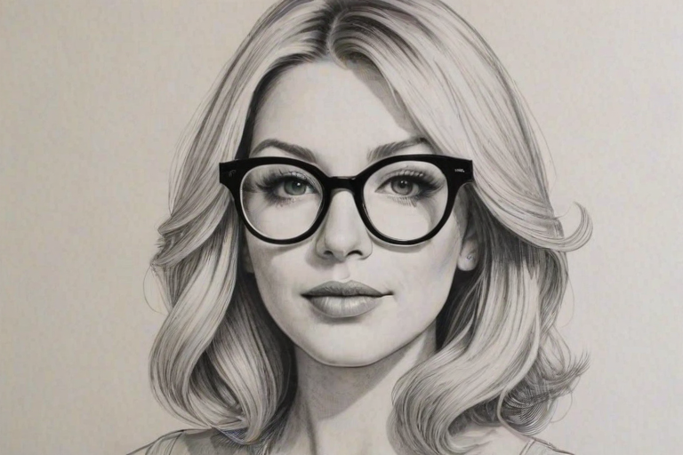 Enchanting Ari Graynor, pencil sketch, portrait of Appealing woman 1969s in glasses, hair style beatnik, outline, clear lines, fine lines, 8k