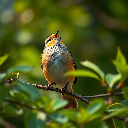capture a singing bird perched on a branch surrounded by green leaves with a shallow depth of field, f/2.8 aperture, 1/250 sec shutter speed, ISO 200, natural light, macro lens, soft bokeh background, high-resolution DSLR