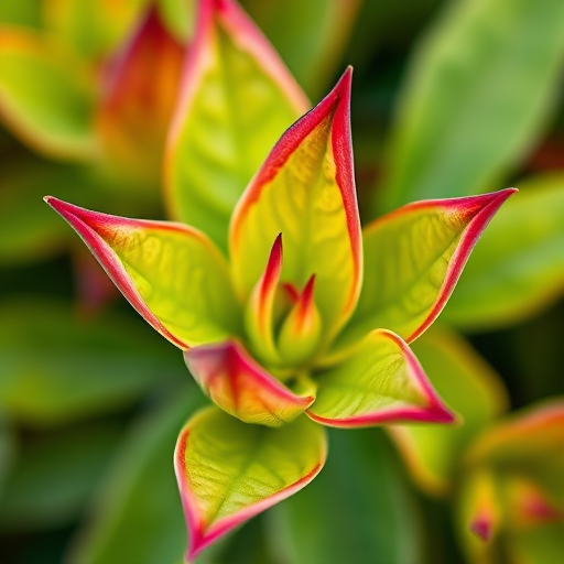 high-resolution illustration of green leaves with red tips, macro view, natural lighting, DSLR camera, f/2.8 aperture, 50mm lens, ISO 100, soft focus background, vibrant colors
