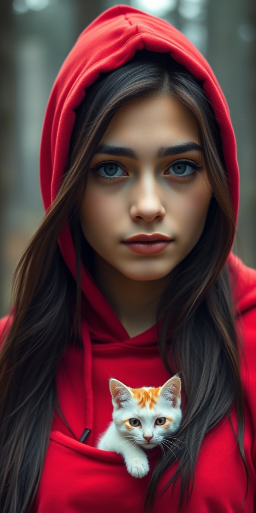 Create a highly detailed portrait of a young woman with long dark hair wearing a red hoodie, featuring a white cat with red markings peeking out from the pocket, set in a misty forest background, using a Canon EOS R5 with a 50mm f/1.2 lens at ISO 100, f/1.2, and a shallow depth of field for enhanced focus on the subject.