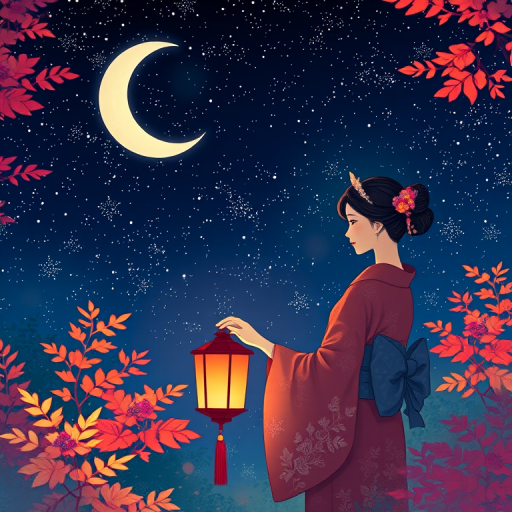 Create an illustration of a woman in a kimono holding a lantern against a night sky filled with stars and a crescent moon, surrounded by colorful foliage, captured with a Canon EOS R5, aperture f/2.8, shutter speed 1/125s, ISO 100, wide-angle lens, soft focus style.