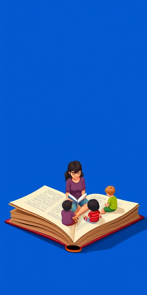 Create an illustration of a woman reading a book to a group of children seated around her on a large open book, use a vibrant blue background, camera settings: ISO 100, aperture f/8, focal length 35mm, view from slightly above the scene to capture the interaction, style: digital art, camera type: DSLR.