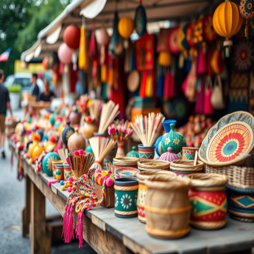 A vibrant outdoor market scene showcasing a variety of colorful handcrafted items displayed on a rustic table, captured with a Canon EOS R5 at f/2.8, 50mm lens, ISO 100, with a shallow depth of field to create a soft bokeh effect in the background.